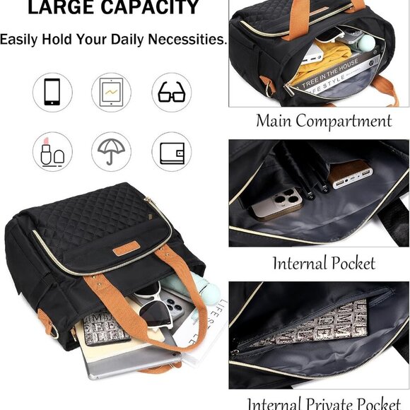 Women's Quilted Tote Bag with Multiple Pockets Water-Resistant Polyester - Picture 3 of 6